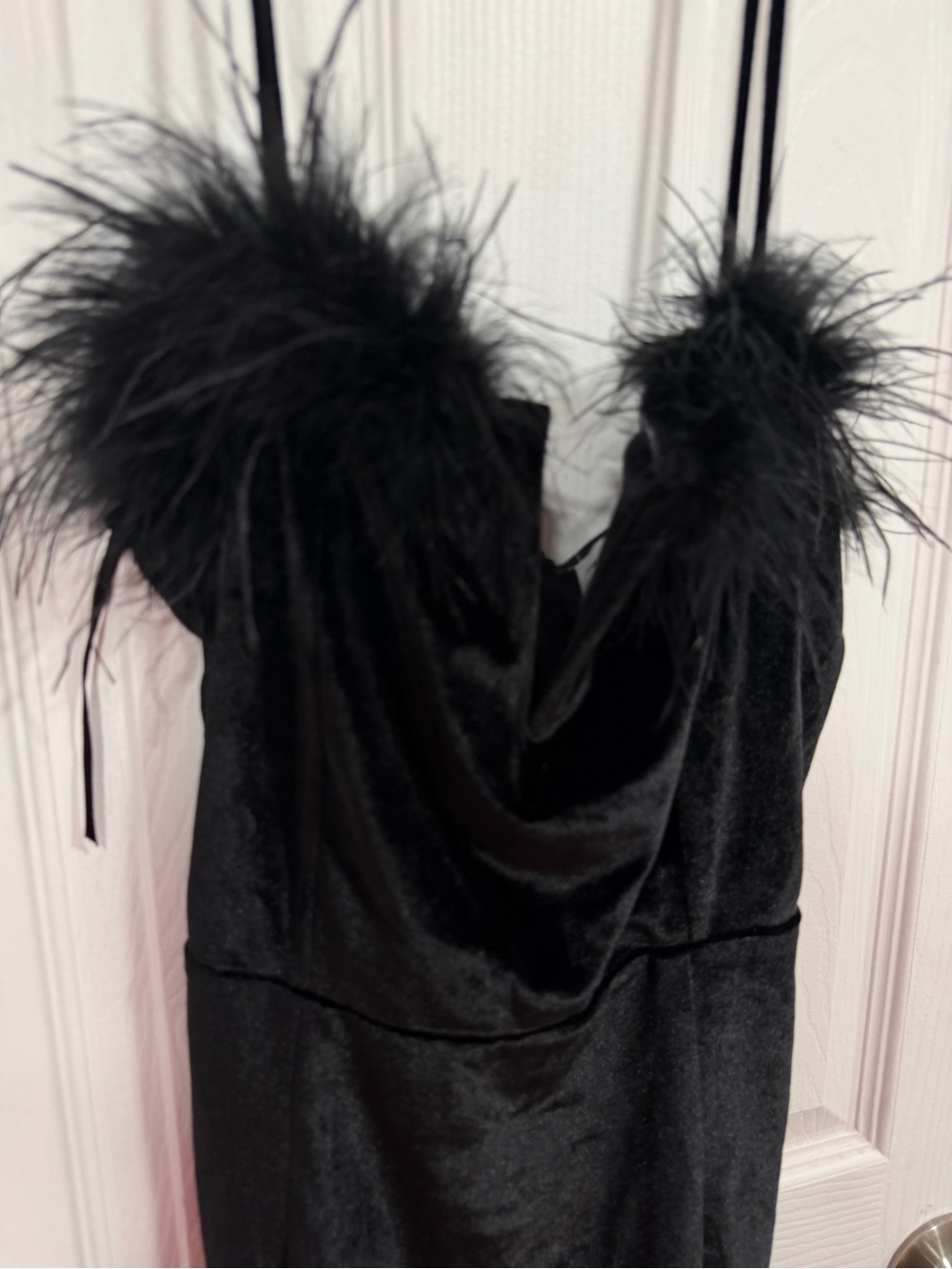 superdown Black Velvet Mini Dress with Feather Trim - Picture 2 of 5